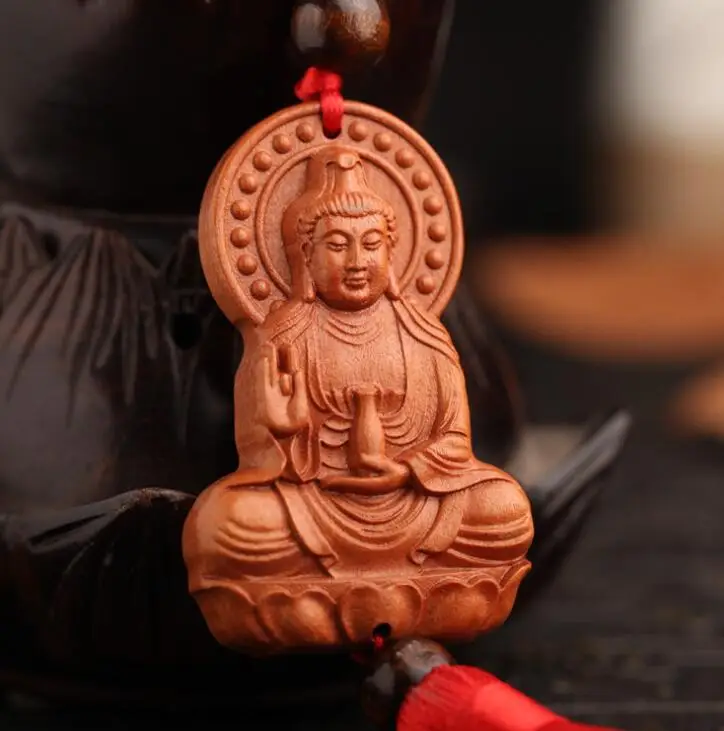 

Chinese Peach Wood Carved Lotus Guan Yin Kwan-yin Bodhisattva Safe And Good Luck Card Exquisite Car Interior Trim Pendant