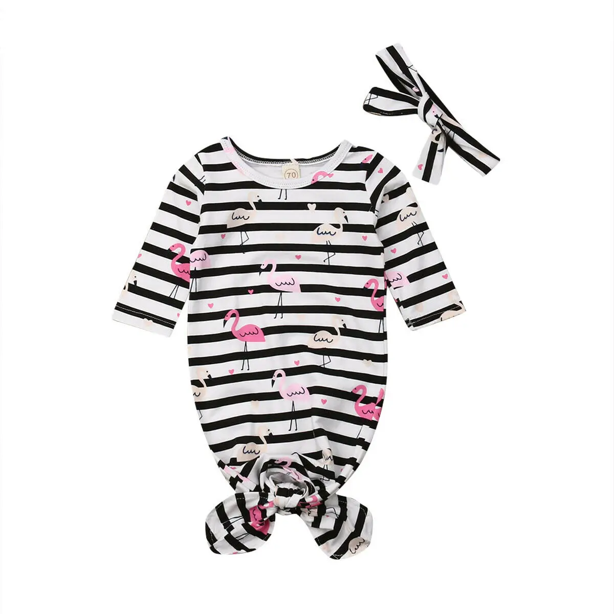 

0-9M Cute Newborn Baby Boy Girl Long Sleeve Striped Flamingo Sleepwear Sleep Bag Headband 2PCS