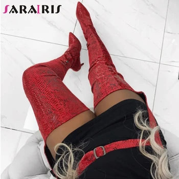

SARAIRIS new fashion red Boots Belt Buckle Strap Boots Snakeskin Pointed Toe Super Thin High Heels Long Boots Bottine Femme