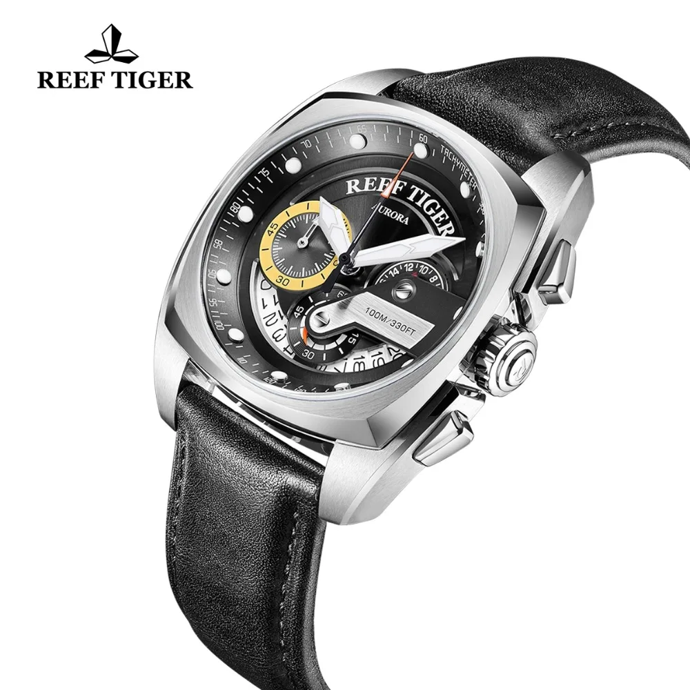 Мужские наручные часы Reef Tiger/RT модные квадратные спортивные со стальным кожаным