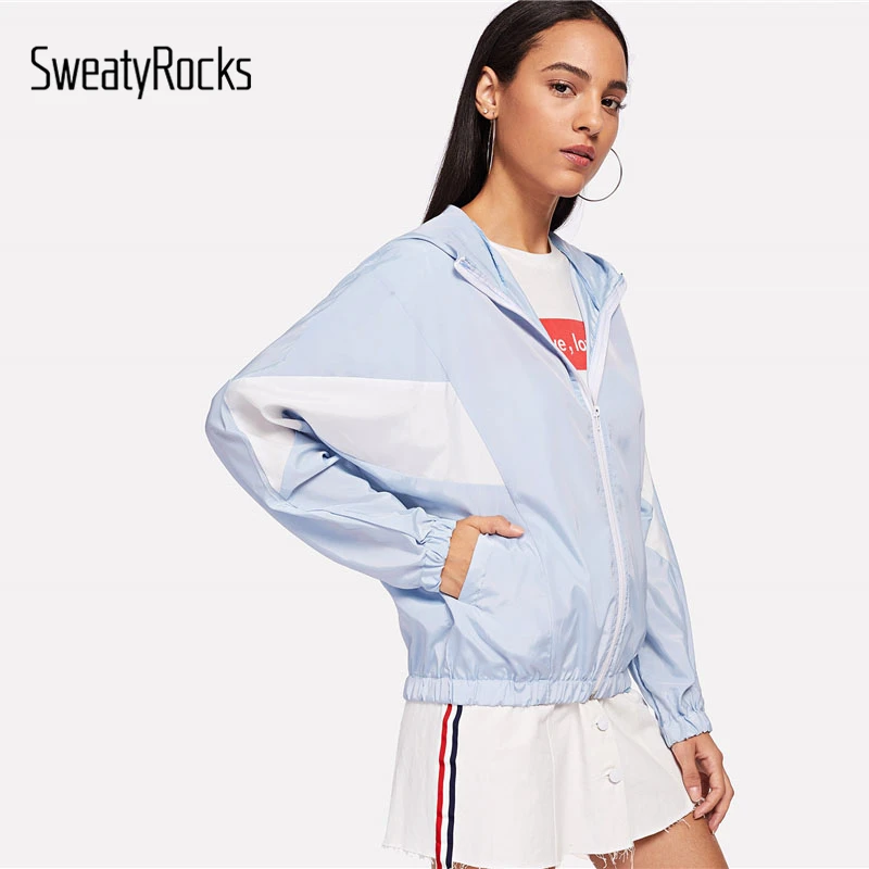 SweatyRocks Athleisure синяя куртка с капюшоном на молнии спереди, с цветным блоком, с длинным рукавом, с капюшоном,, осенняя женская повседневная куртка и топы