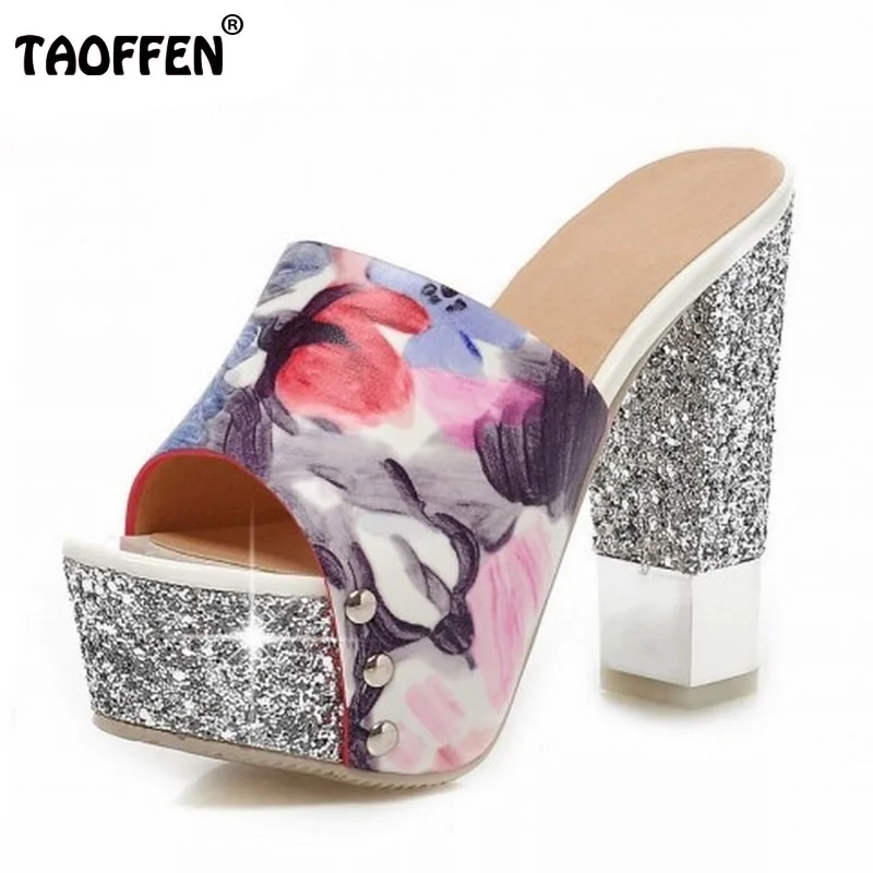 

32-43 Flower Zebra Print Glitter Platform Open toe Slides 2016 Patch color Thick High Heels Sandals Summer Shoes Women Sandals