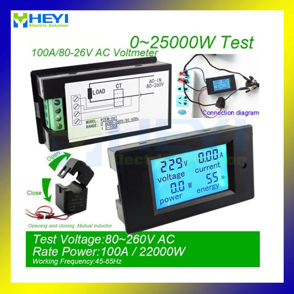 

4 in 1 meter LED AC power monitor energy metering for voltage current power energy 100A 20KW with split core CT outside
