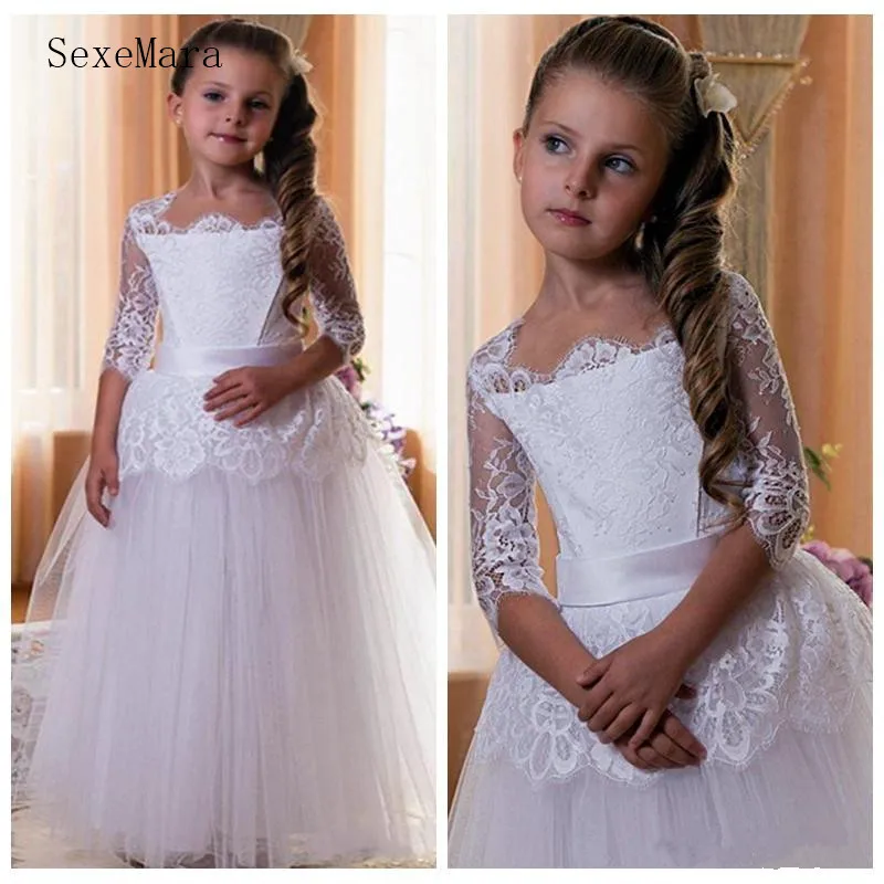 

Cheap White Tulle Flower Girl Dress with Lace Half Sleeves Custom Made First Communion Gowns Long Girls Pageant Gown New Arrival