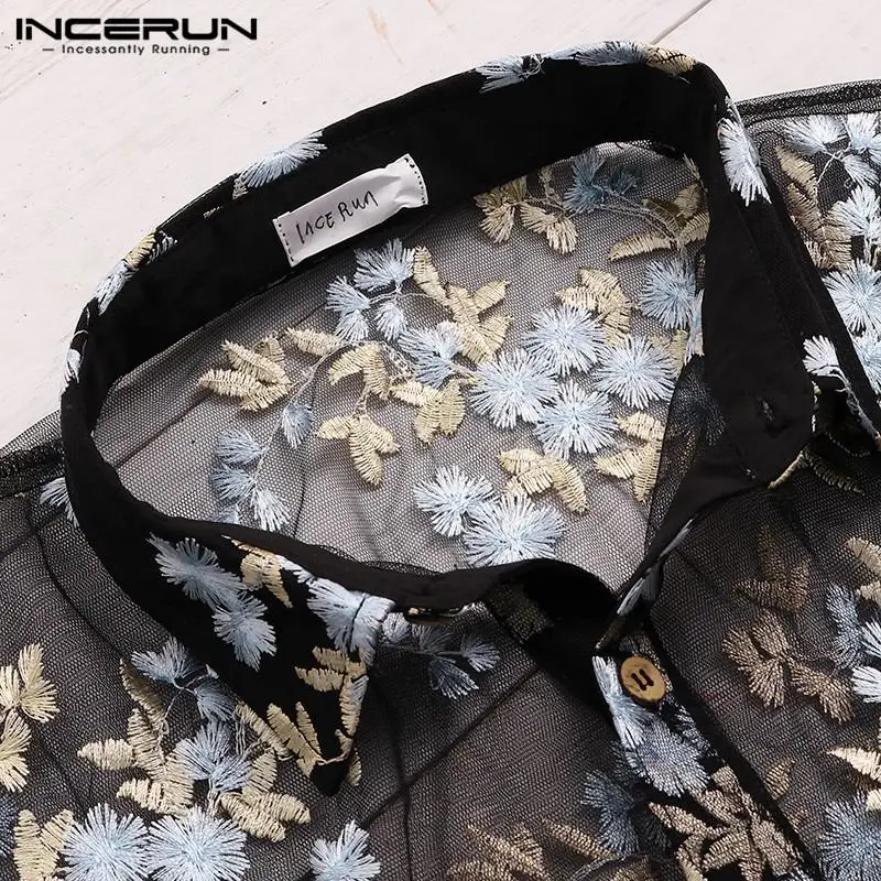 INCERUN See Through Men Shirt Mesh Fashion Flower Embroidered Button Male Tops Transparent Short Sleeve Sexy Lace Shirt Men