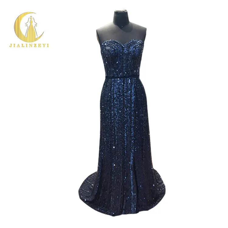 

JIALINZEYI Real Pictures Sexy Strapless Full Hand Work Luxurious Navy Blue Plus Size Slit Prom Dress evening Dresses