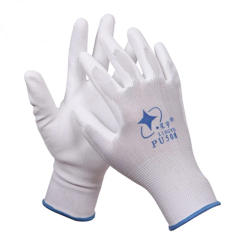 

1pair Polyurethane&Nylon Working Gloves White Safety Lightweight Non-slip Breathable Operating Handing Triple Protective Gloves