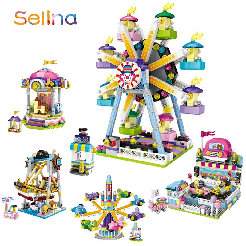 

Amusement Park Ferris Wheel Merry Go Round Carousel Pirate Ship Plane Mini Building Blocks Blocks LegoINGlys Diamond Nano Bricks