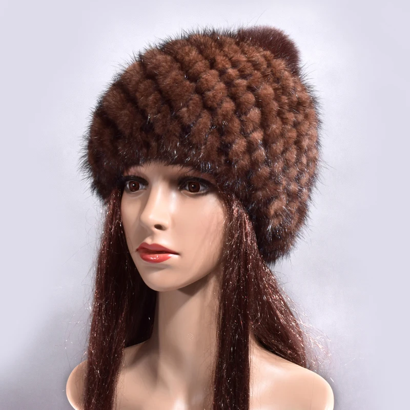 

Women Mink Fur Knitted Hats Autumn Genuine Real Pineapple Shape Striped Lady Warm Caps Beanies Headgear Female Winter fox ball