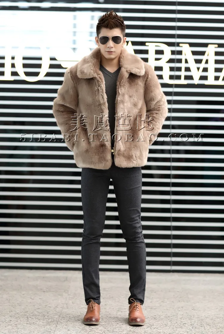 dark brown leather jacket New 2018 winter fashion men faux fur jacket Soft and comfortable warm rabbit fur Turn-down Collar solid color  fur coat leather varsity jacket