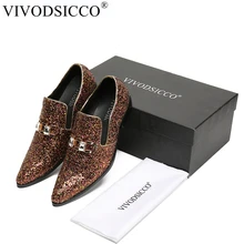 VIVODSICCO класса люкс Для мужчин вечерние свадебные Лоферы ручной работы; блестящие Мужские модельные туфли со стразами тапочки под смокинг Мужская обувь на плоской подошве туфли с блестками