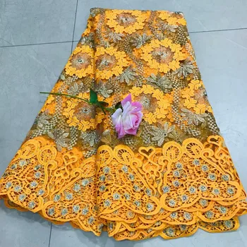 

lovely with rhinestones&beads african guipure lace beaded net fabric 5 yards top brode african cord lace fabric for party dress