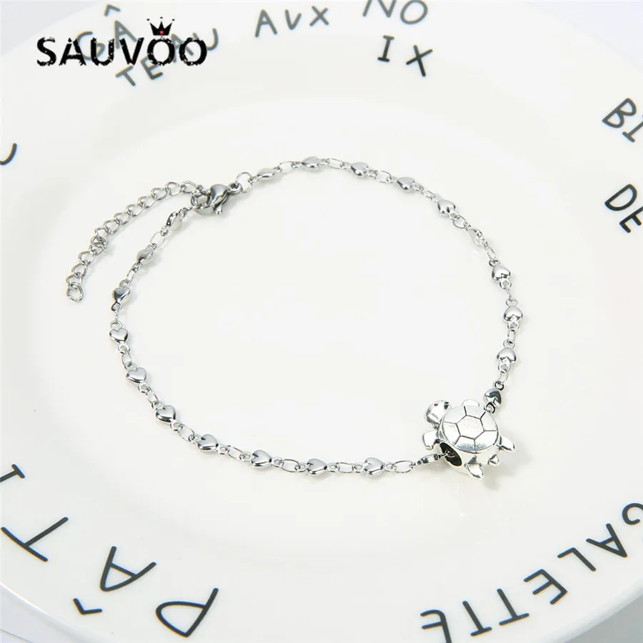 

SAUVOO Vintage Turtle Charm Sandy Foot Anklets Fashion Summer Jewelry Heart Chain Stainless Steel Bracelet Barefoot Women Anklet