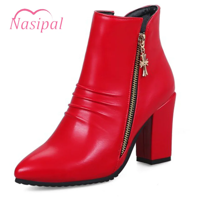 

Nasipal Plus Size 34-48 Pleated Party Wedding Boots Woman Shoes Thick High Heels Zip Up Ankle Boots women's Shoes Black White