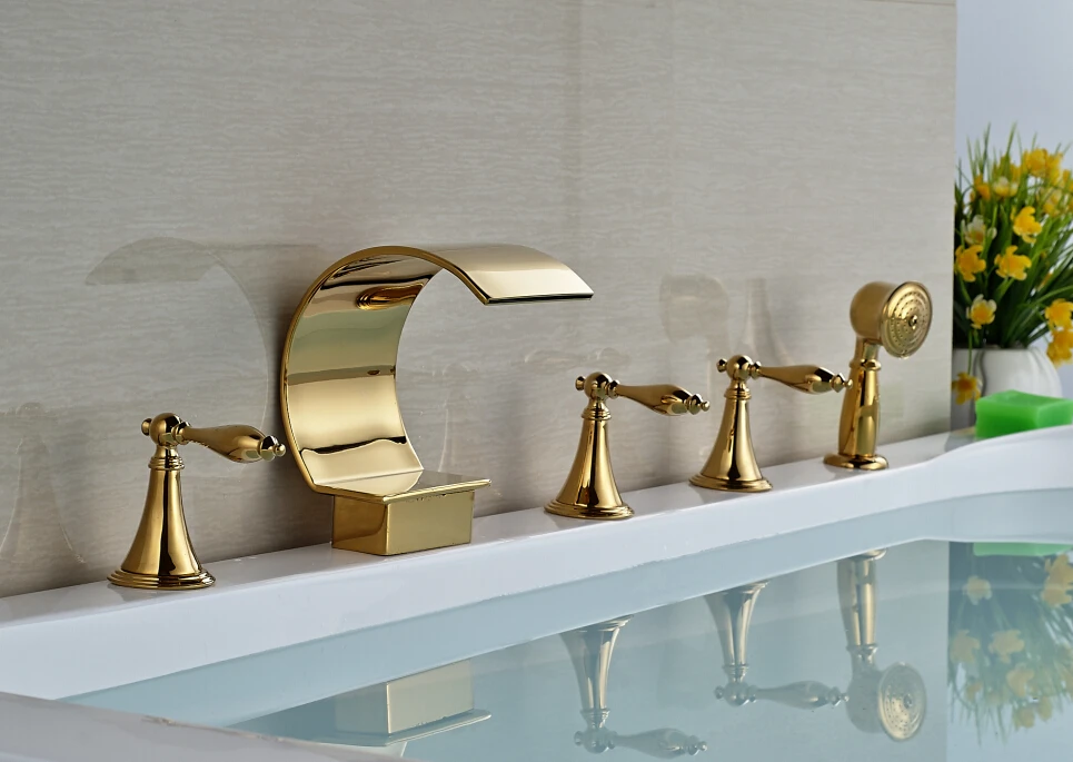 

Golden Big C Shape Waterfall Bathtub Faucet Deck Mount 5 PCS Bathtub Mixer Taps