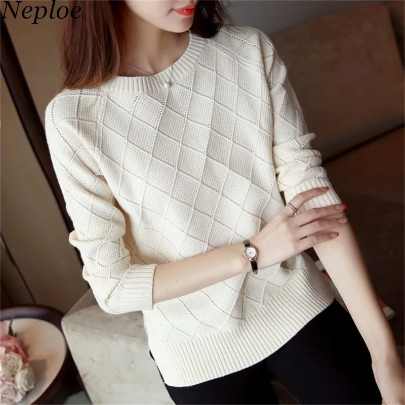 Neploe Korean Preppy Style Solid Sweater 2021 Autumn Winter Long Sleeve Sueter Mujer O-neck Knitted Fashion Women Tops 67949 | Женская