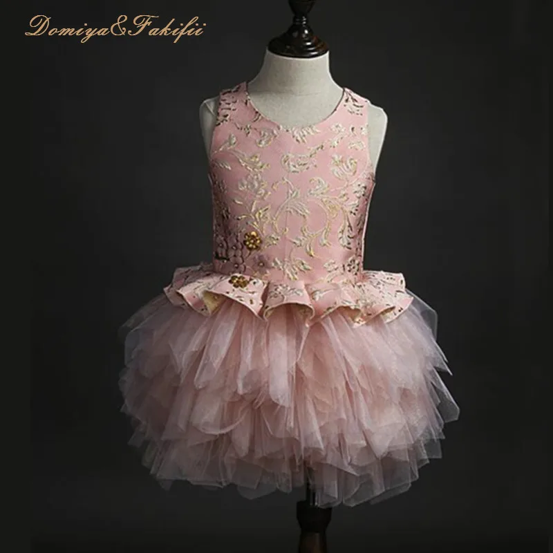 

2018 Summer Flower Girl Royal Pink Dresses Beaded Flower Lace Applique Layered Dresses First Communion Dress for Girls Vestidos