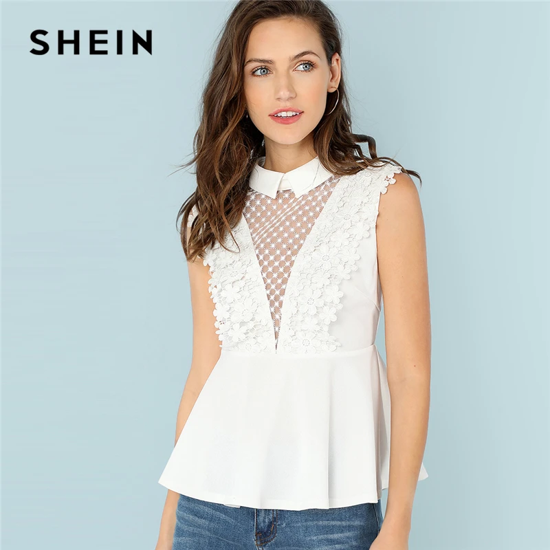 SHEIN White Office Lady Minimalist Guipure Lace Insert Zip Back Peplum ...