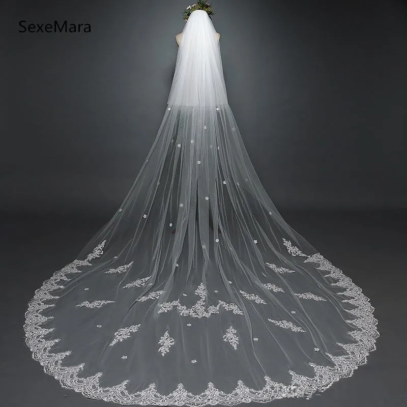 

Real Pictures White Ivory 2T Wedding Veils 3 Meters Long Cathedral Length Lace Appliqued Soft Netting Bridal Veil With Comb