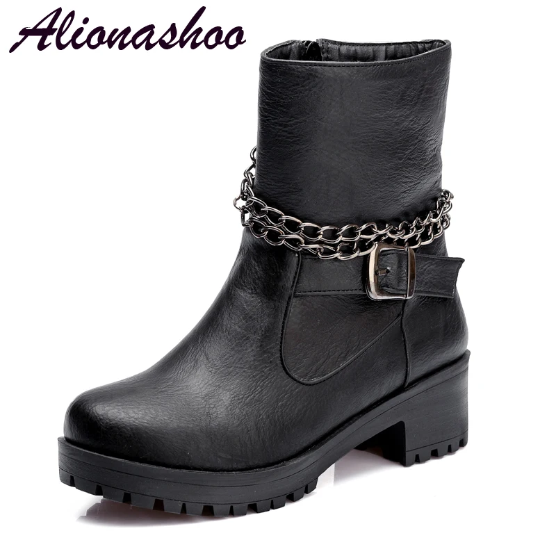 

Alionashoo 2018 Black Faux Leather Boots Women Platform Zipper Boots Autumn Motorcycle Chain Martin Boots Punk Shoes Size 34-43