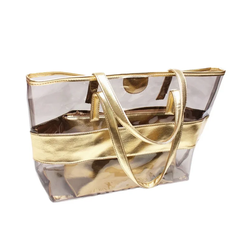 

Summer Big Transparent Jelly Bag Chain PVC Tote Shoulder Ladies Clear Bag 2 Pcs Plastic Handbag Waterproof Women Beach Bag
