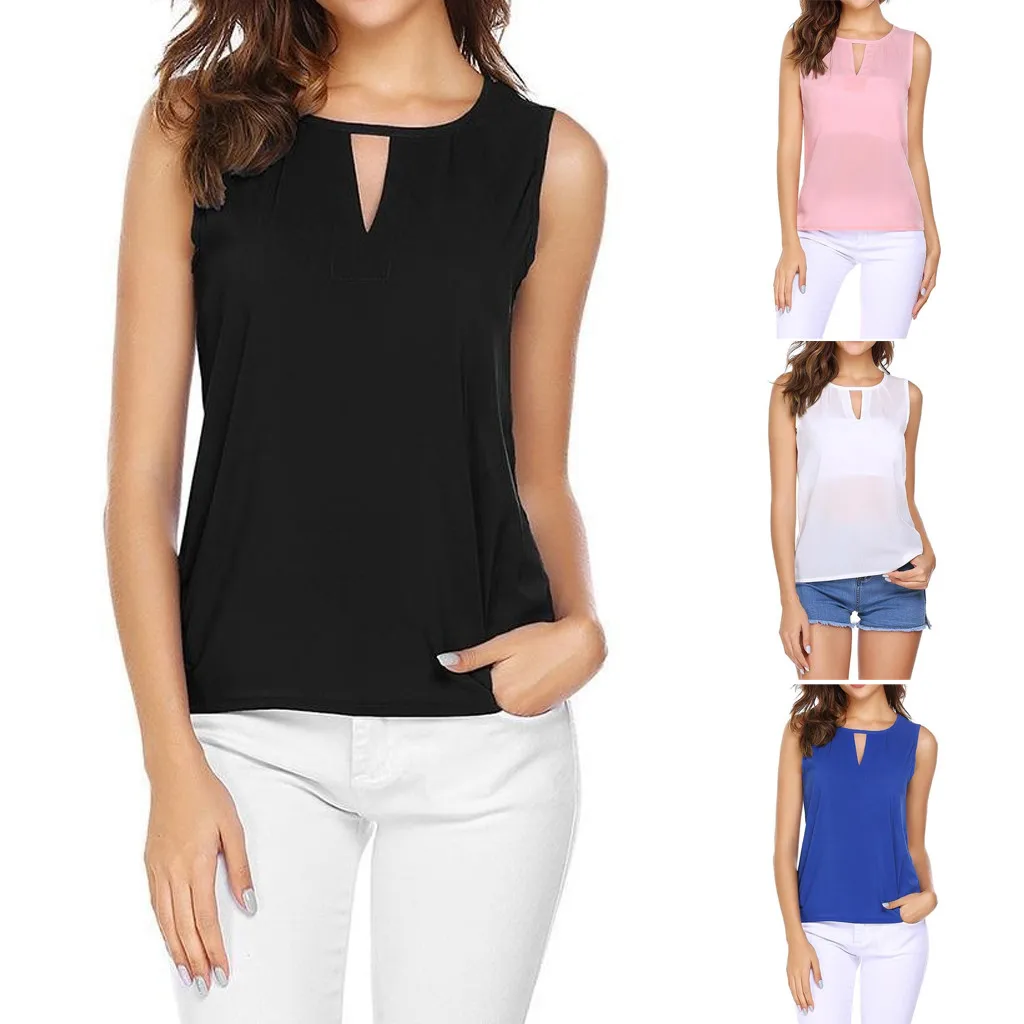 

tops de fiesta mujer T-Shirt Fashion Women Sexy Solid O-Neck Hollow Out Sleeveless Casual Crop Tank Topt-shirt das mulheres #20