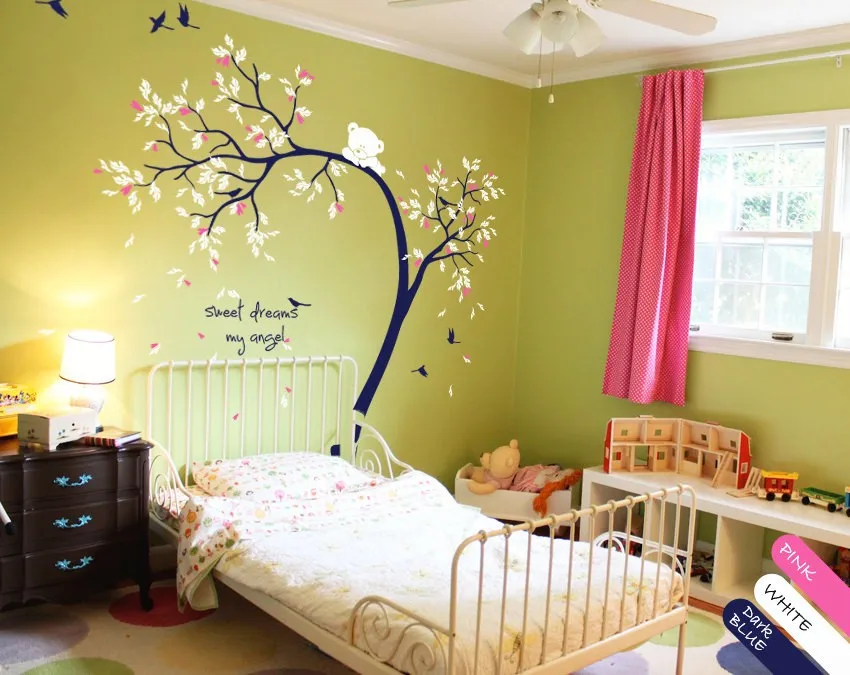 

Kids Baby Playroom Sweet Beautiful Decorative Wall Sticker Cute Climbing Bear With Flying Birds Vinyl Tree Pattern Decals W-848