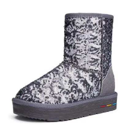Известной марки, женские блестящие зимние сапоги новые дизайнерские ботильоны с декоративным украшением; обувь на меху; botas mujer натуральная кожа, на платформе, зимние ботинки - Цвет: gray long