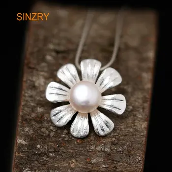 

Sinzry Real 100% Sterling Silver 8mm Natural Pearl sunflower chokers necklaces Novelty handmade pendant Necklace for Women