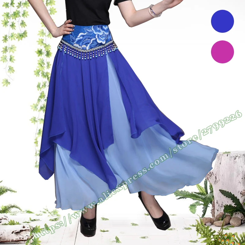 

Bohemia Casual Novel Cute Sweet Irregular Asymmetry Embroidery Blue Chiffon Stitching Dancing Female Long Maxi skirt