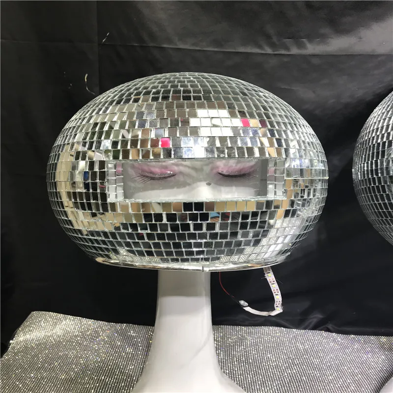 

R6 Silver mirror glass ball dj helmet stage performance wears robot prop party dress dance RGB led light costumes outfits show