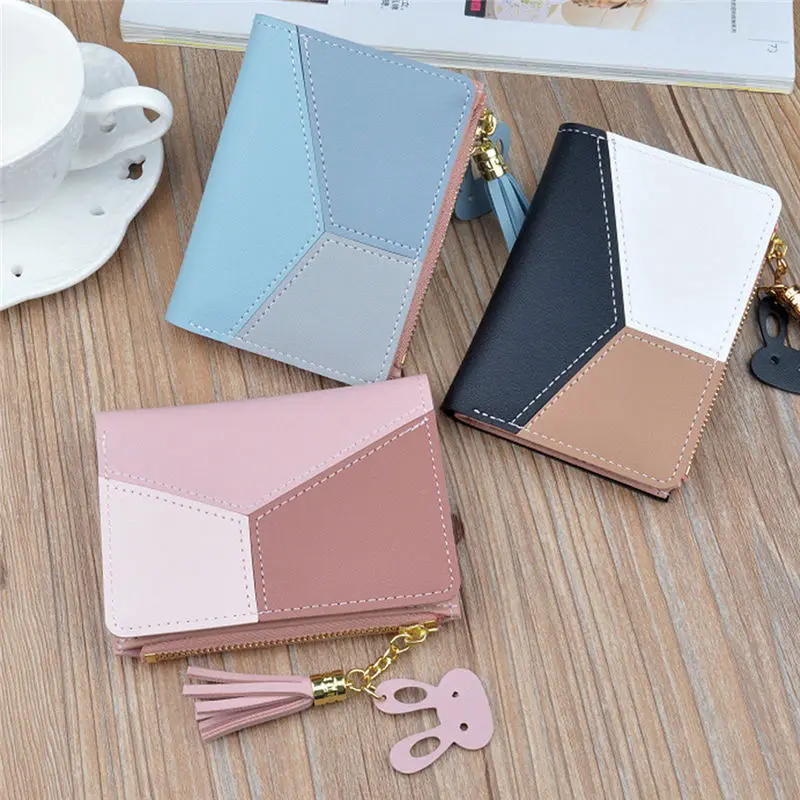 

Short Zipper Patchwork Panelled Coin Purse Card Holder Bag women's wallet clutch portfel cuzdan billetera carteira 40MA15