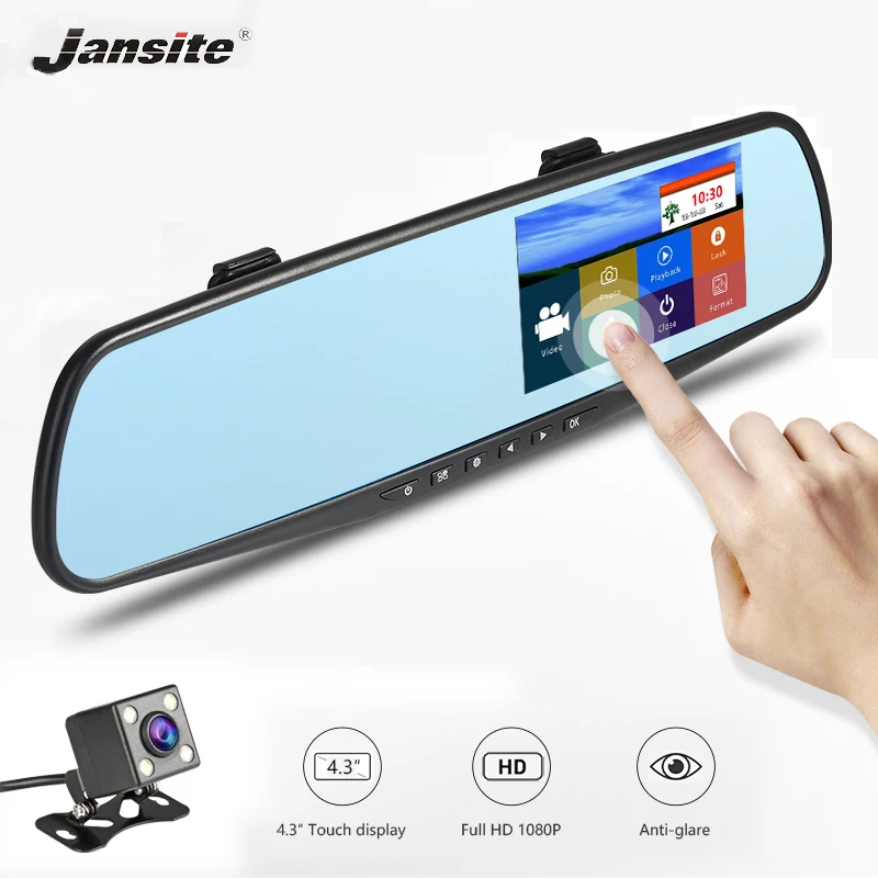 

Jansite 4.3" Car DVR Dual Lens Touch Screen Car Camera Video Recorder Rearview mirror With Rear view Dash cam Auto Registrator