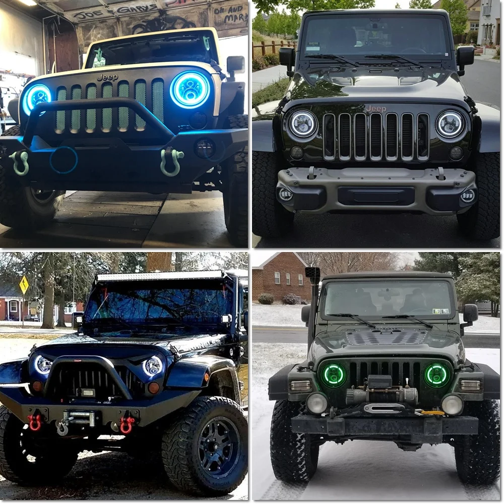 2шт RGB Halo Angel Eye Bluetooth дистанционный 7 дюймовый налобный фонарь для 1997 ~ 2016 Jeep Wrangler JK LJ
