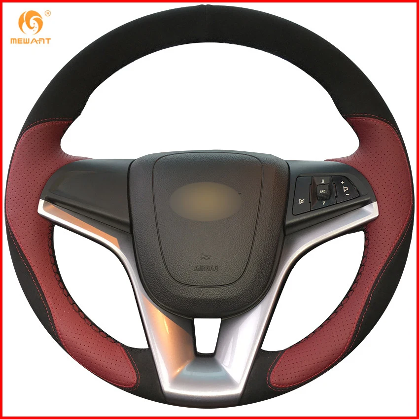 MEWANT Wine Red Leather Black Suede Car Steering Wheel Cover for