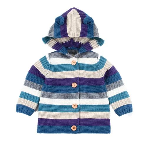 Осенне-зимняя одежда для маленьких девочек пальто для мальчиков вязаная куртка в полоску с ушками медведя однотонная Освежающая детская верхняя одежда, пальто свитер для малышей - Цвет: blue without fur
