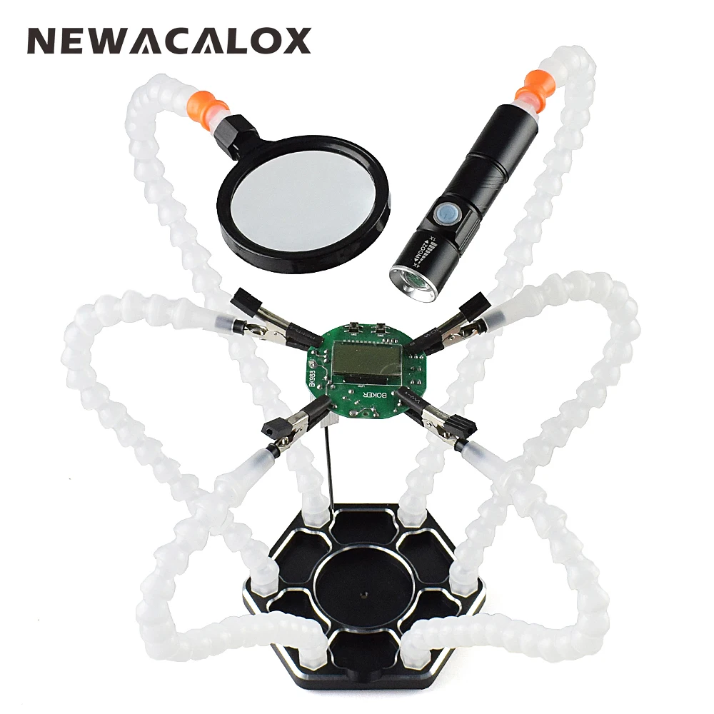 Baratos NEWACALOX tercera mano Pana 6 Unid manos USB linterna recargable lupa soldadura Estación de Reparación de soldadura herramienta