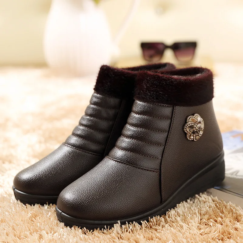 

Designer Women Winter Boots Female Leather Waterproof Snow Ankle Boots Zipper Plush Antiskid Platform Botas