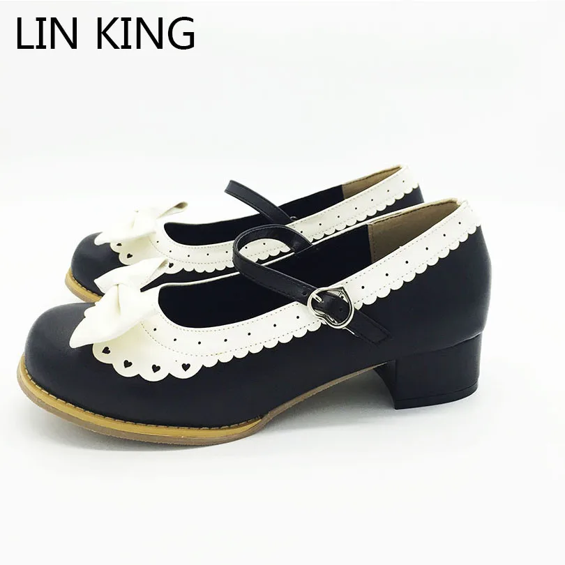 

LIN KING New Square Heel Women Pumps Sweet Round Toe Bow-Knot Lolita Shoes Casual Buckle Female Cosplay Party Shoes Single Shoes