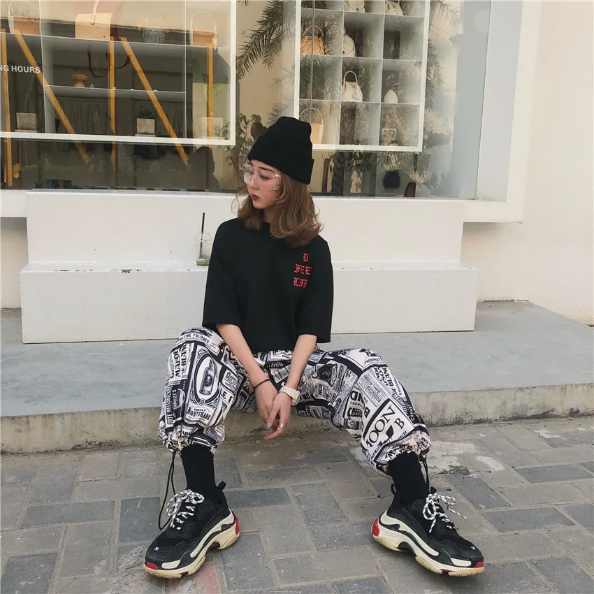 HOUZHOU Summer Newspaper Print Harajuku Vintage Loose Streetwear Harem Pants Women Wide Leg Trousers High Wasit Joggers Casual HOUZHOU Summer Newspaper Print Harajuku Vintage Loose Streetwear Harem Pants Women Wide Leg Trousers High Wasit Joggers Casual