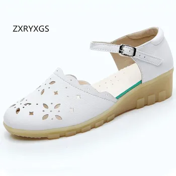 

2019 New Hollow Breathable Summer Women Sandals White Shoes Sandals Casual Non-slip Real Leather Shoes Woman Wedges Sandals