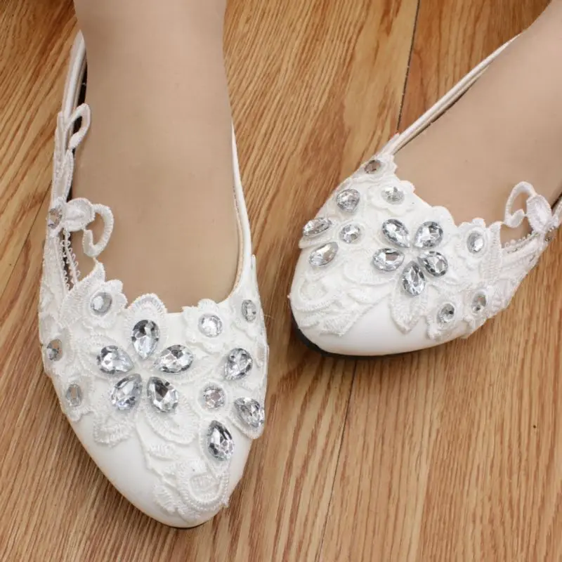 Ivory wedding shoes women flat heel handmade HS019 lace rhinestones ...