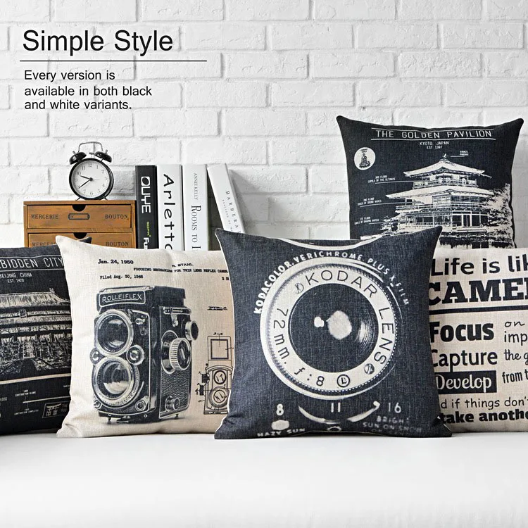 cheap Vintage Decorative Pillows Retro Camera Cushion Cover Home Decor Black White Linen Throw Pillows Cases For Sofa 45x45cm