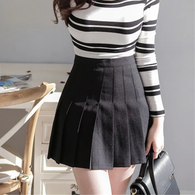 

High Waist Essential Women's Pleated Skater Prevent Exposed Short Skirts Black White Mini Slim School Uniform Saias Femininas