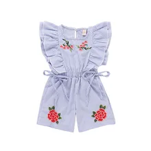 Azul blanco raya niñas pequeñas mono verano vintage bordado bodysuit niño Niñas Ropa conjunto niños trajes 1-5Yrs