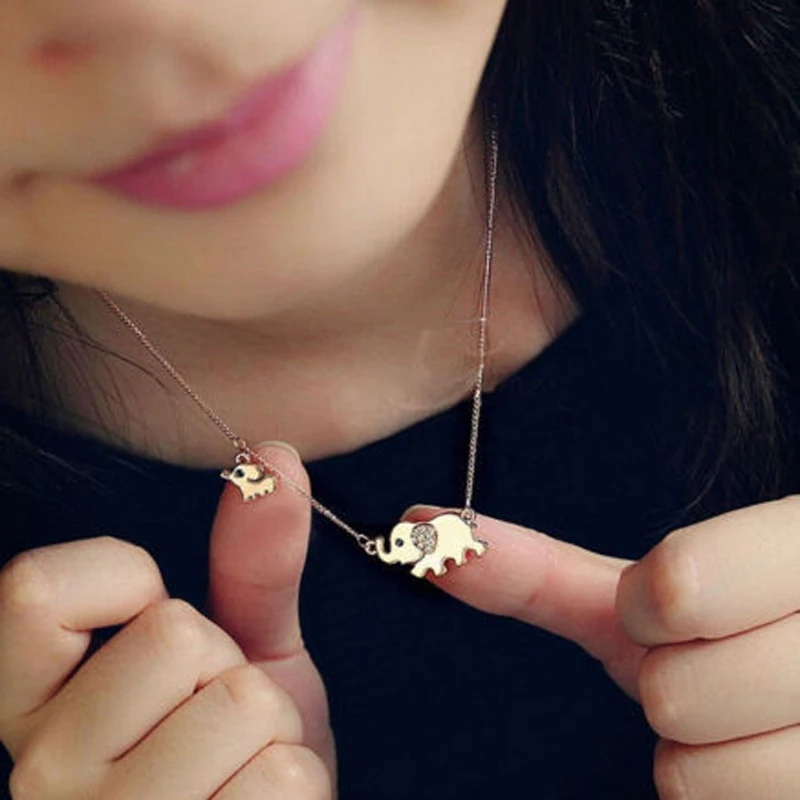 

Romantic Women Accessories Fashion Gold Color Metal Chain Double Elephant Necklace Crystal Statement Pendant Necklaces Jewelry