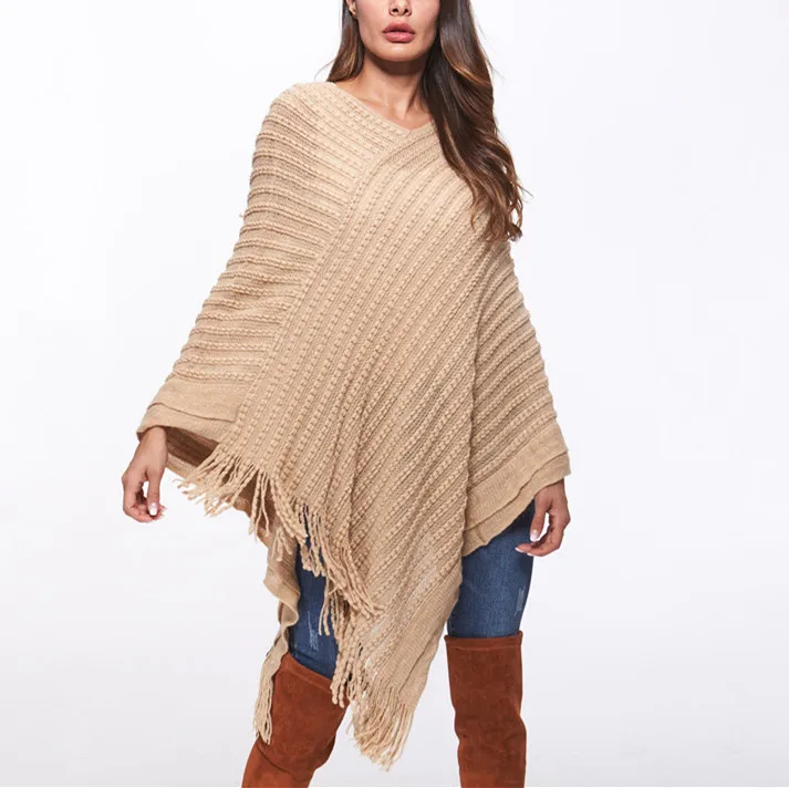 High quality women winter cape sweater Solid gray beige ponchos and