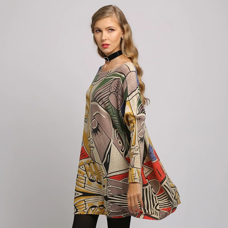 XIKOI Sweater Woman Casual Oversize Long Batwing Sleeve O-Neck Knitted Fashion Pullovers Abstract Print Clothes XIKOI Sweater Woman Casual Oversize Long Batwing Sleeve O-Neck Knitted Fashion Pullovers Abstract Print Clothes