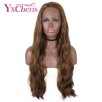 

lace front wig synthetic wavy brown wigs for women heat resistant less shiny fiber side part natural hair line frontal lace wig