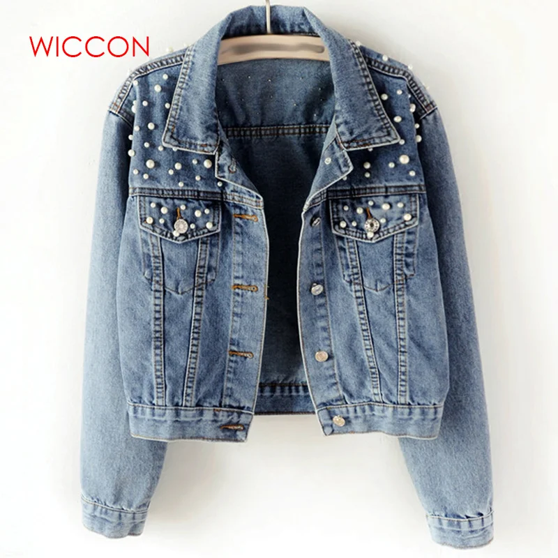 

2019 Spring Pearl Beading Crop Denim Jackets Women 5Xl Casual Jeans Bomber Jacket Long Sleeve Denim Coat Korean Plus Size
